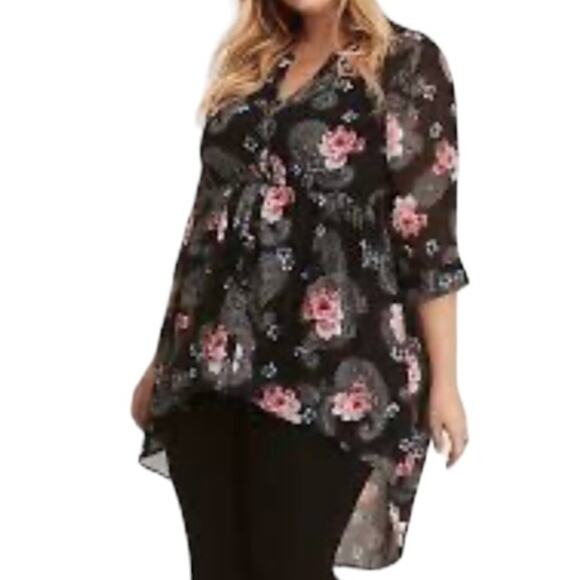 torrid Tops - Torrid Black Floral Georgette Sheer Tunic Top High-Low Size 1